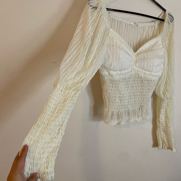 Timing Ivory Sheer Lace Smocked Puff-Sleeve Top size large - Picture 3 of 8